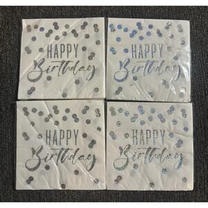 Lot of 4 Happy Birthday Silver Foil Polka Dot Luncheon Napkins 2-Ply